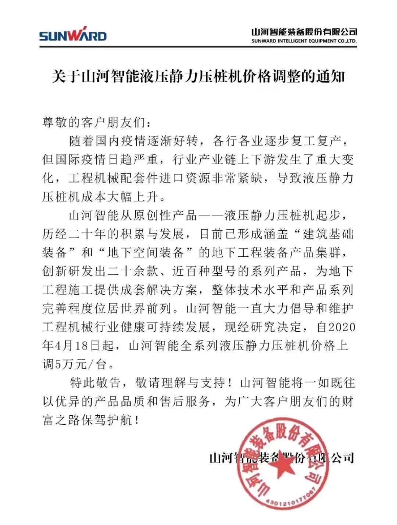 关于液压静力压桩机价格调整的通知